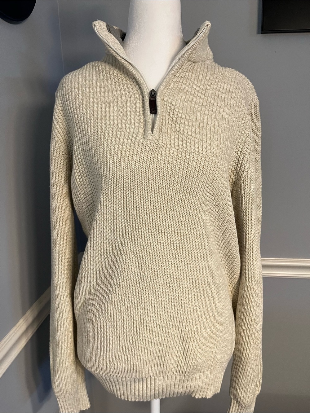 Izod Cream Half-Zip Ribbed fisherman style Sherpa lined neck sweater